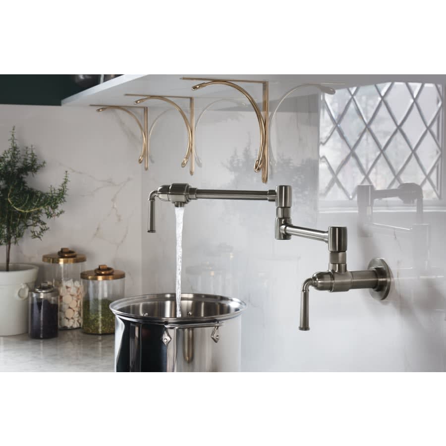 Rook 4 GPM Wall Mounted Double Handle Pot Filler Faucet with Brass Handles