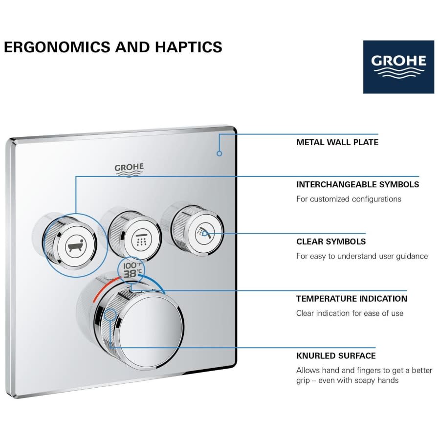 Grohtherm Three Function Thermostatic Valve Trim Only with Four Knob / Push Button Handles, Integrated Diverter, and Volume Control - Less Rough In