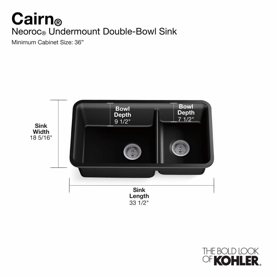 Cairn Slim Divide 33-1/2" Undermount Double Bowl Neoroc Granite Composite Kitchen Sink with Large Bowl Sink Rack