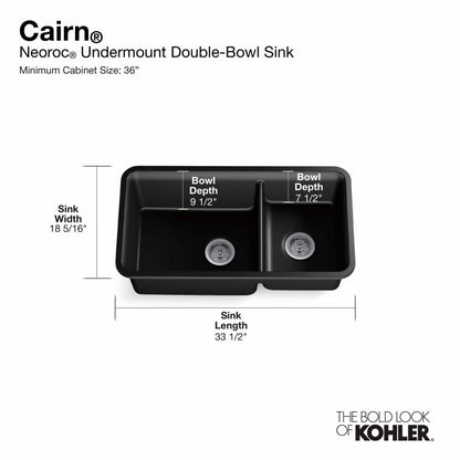 Cairn Slim Divide 33-1/2" Undermount Double Bowl Neoroc Granite Composite Kitchen Sink with Large Bowl Sink Rack