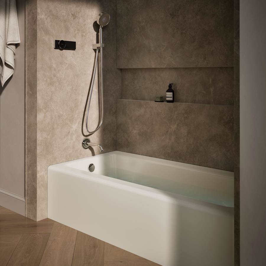 Bellwether Bath Tub 66" L x 32" W Cast Iron Soaking for Three Wall Alcove Installations with Integral Apron and Left Drain