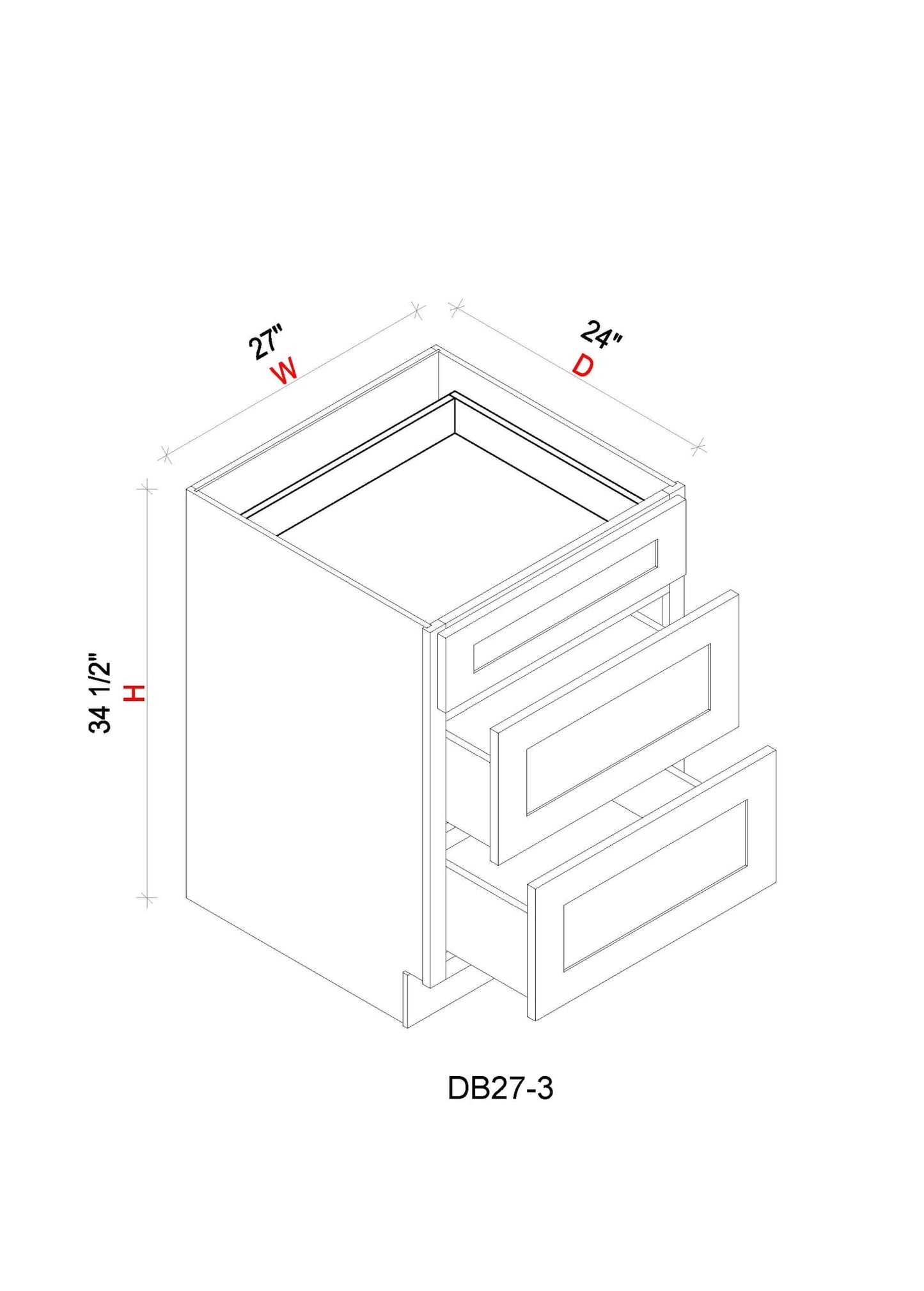 Drawer Base Cabinet - 27"W x 34- 1/2"H x 24"D - 3DRW