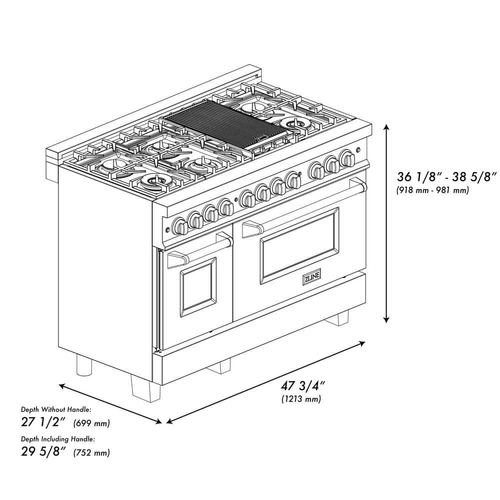 48"W 6.0 Dual Fuel Range Stainless Steel W Gold