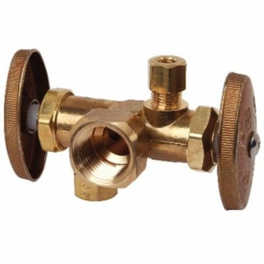 Multi Turn Dual Stop, 1/2 x 3/8 x 3/8 in, FNPT x Comp x Comp, Brass