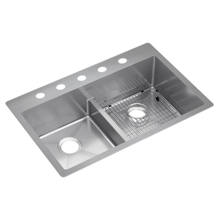 Crosstown® Double Bowl Kitchen Sink, Top/Under Mount, 33 x 22 in, 9 in Bowl Depth, 5-Hole, 18 ga Polished Satin Steel, Stainless