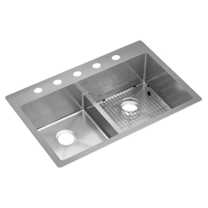 Crosstown® Double Bowl Kitchen Sink, Top/Under Mount, 33 x 22 in, 9 in Bowl Depth, 5-Hole, 18 ga Polished Satin Steel, Stainless