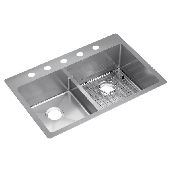 Crosstown® Double Bowl Kitchen Sink, Top/Under Mount, 33 x 22 in, 9 in Bowl Depth, 5-Hole, 18 ga Polished Satin Steel, Stainless