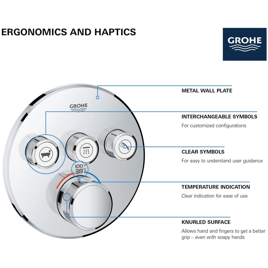 Grohtherm Triple Function Thermostatic Valve Trim Only with Triple Knob Handles and Volume Control - Less Rough In