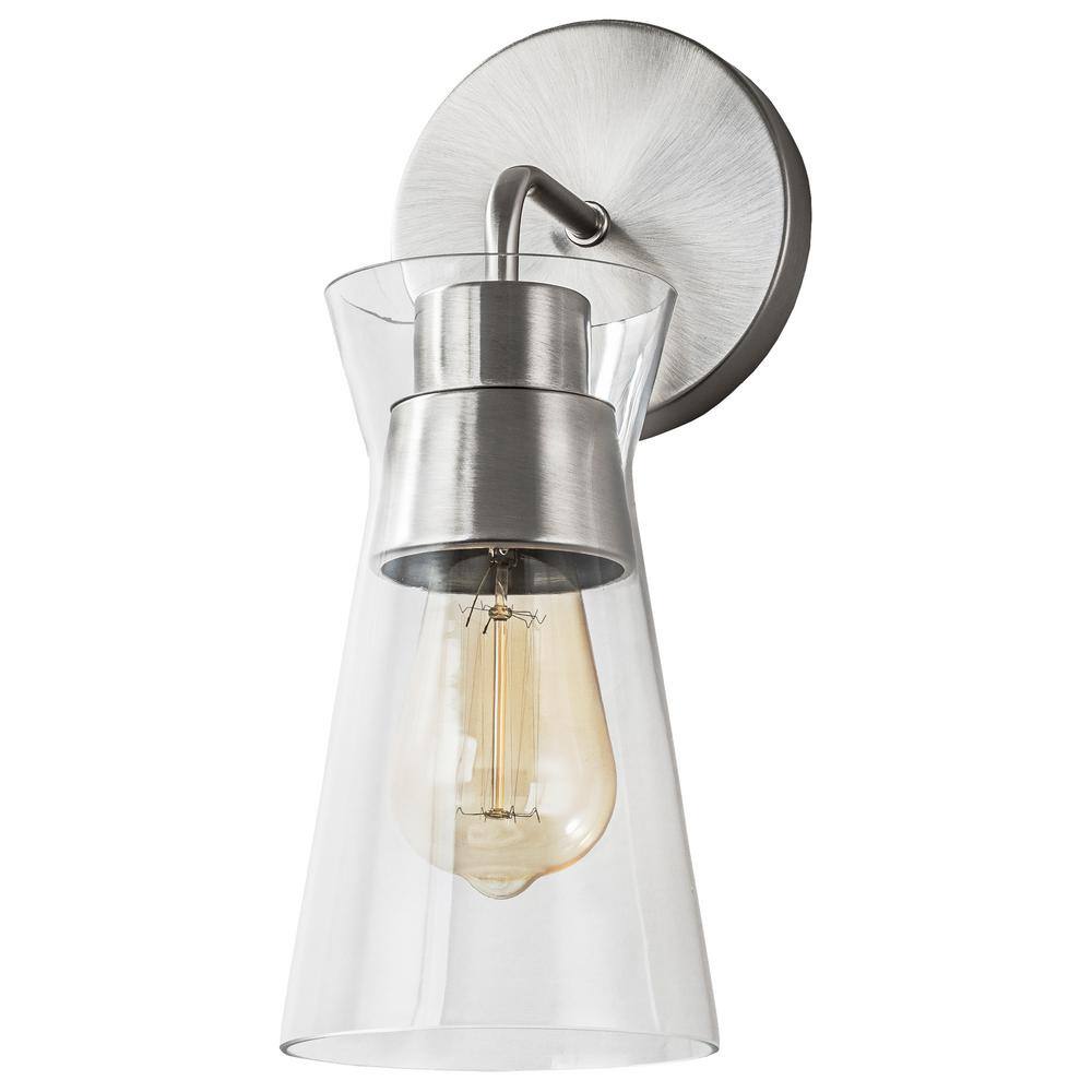 1-Light Brushed Nickel Wall Sconce with Clear Glass