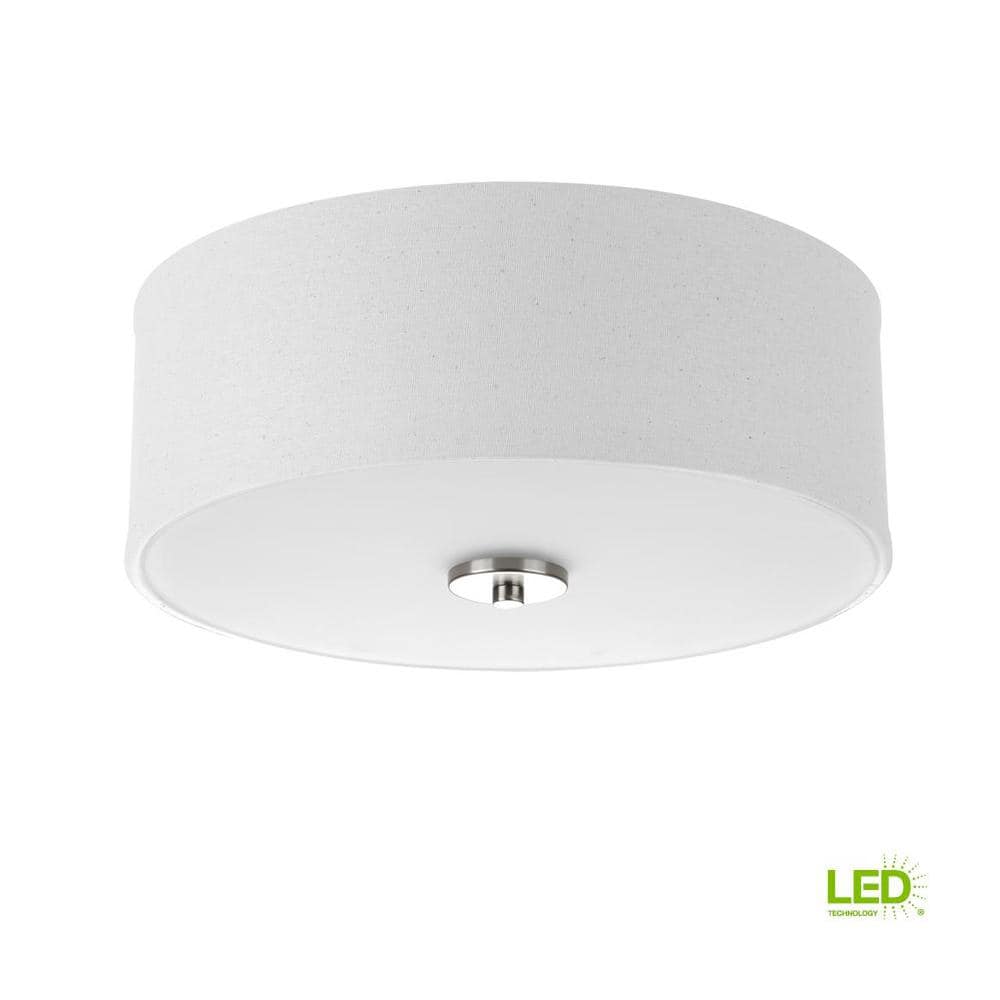 Inspire Collection 13 in. Transitional Brushed Nickel LED Bedroom Drum Shade Ceiling Light with White Linen Shade