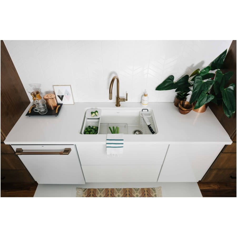 Riverby 33" Undermount Single Basin Enameled Cast Iron Workstation Kitchen Sink with Utility Rack, Sink Rack and Colander, and Intregral Cutting Board