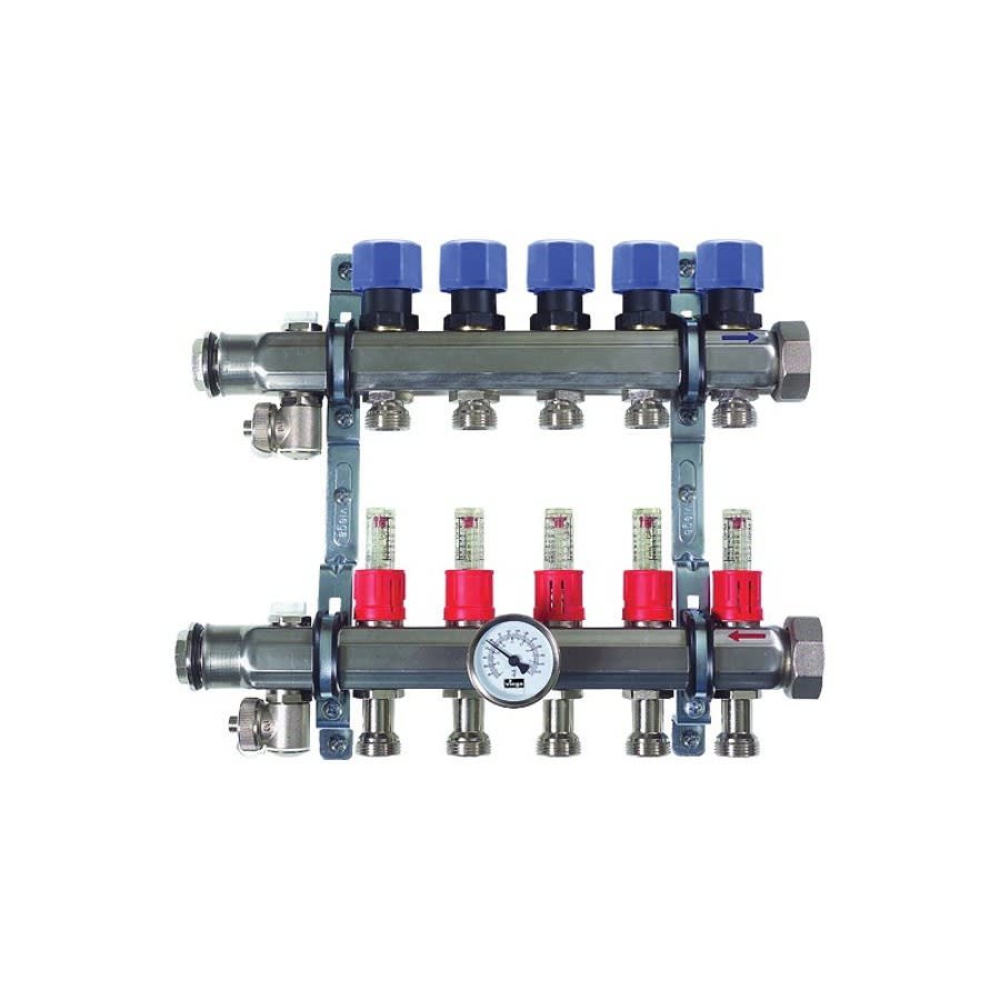 7-Port Manifold, 1-1/4 x 1 in, Press PEX Mains, Stainless Steel