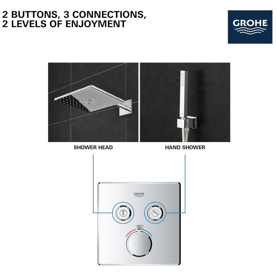 Grohtherm Two Function Thermostatic Valve Trim Only with Triple Knob / Push Button Handles, Integrated Diverter, and Volume Control - Less Rough In