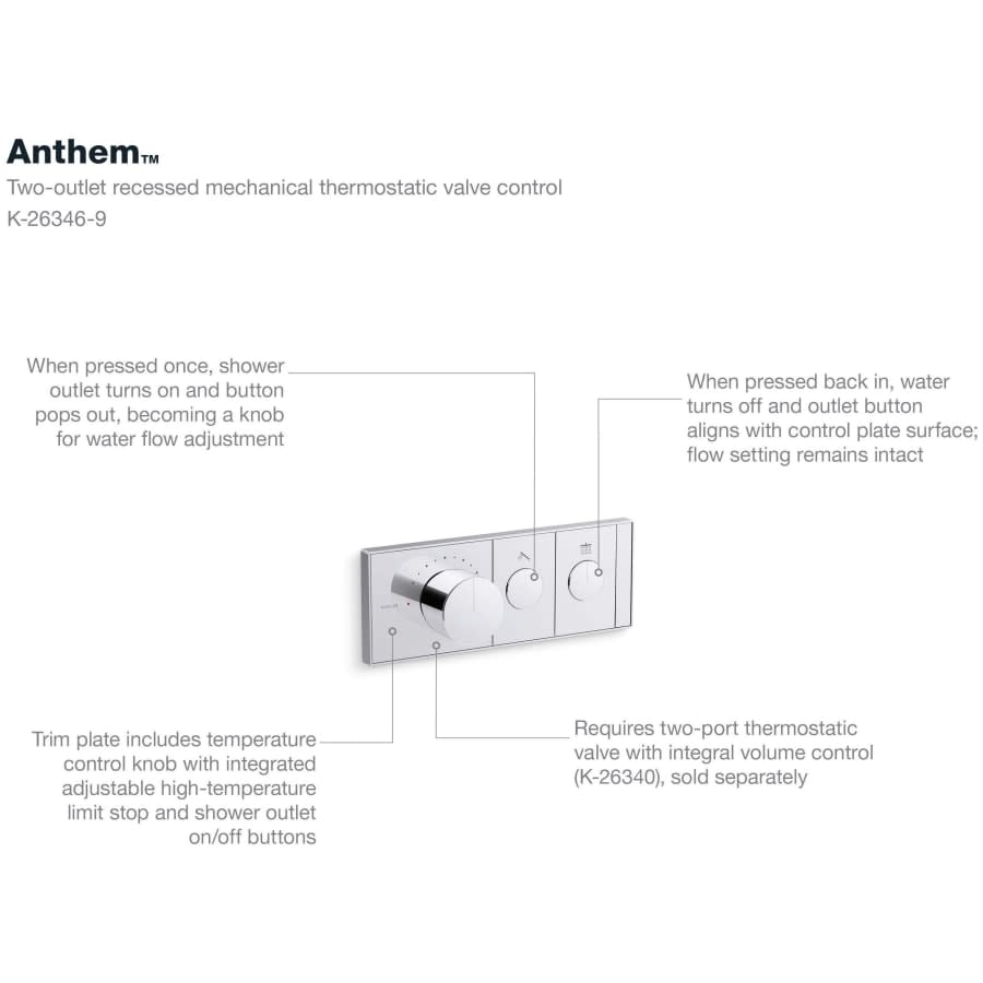 Anthem Two Function Thermostatic Valve Trim Only with Single Knob Handle, Integrated Diverter, and Volume Control - Less Rough In