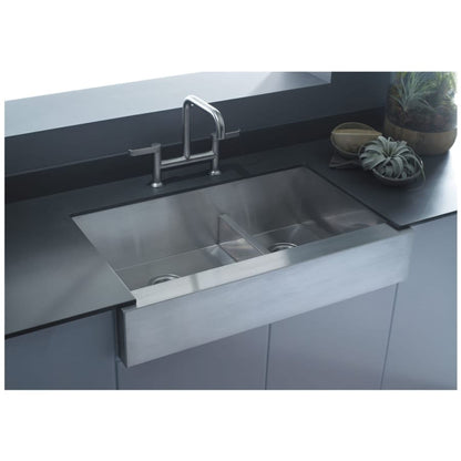 Vault 36" Double Basin Under-Mount 18-Gauge Stainless Steel Kitchen Sink with Self Trimming and Smart Divide - Includes Basin Rack