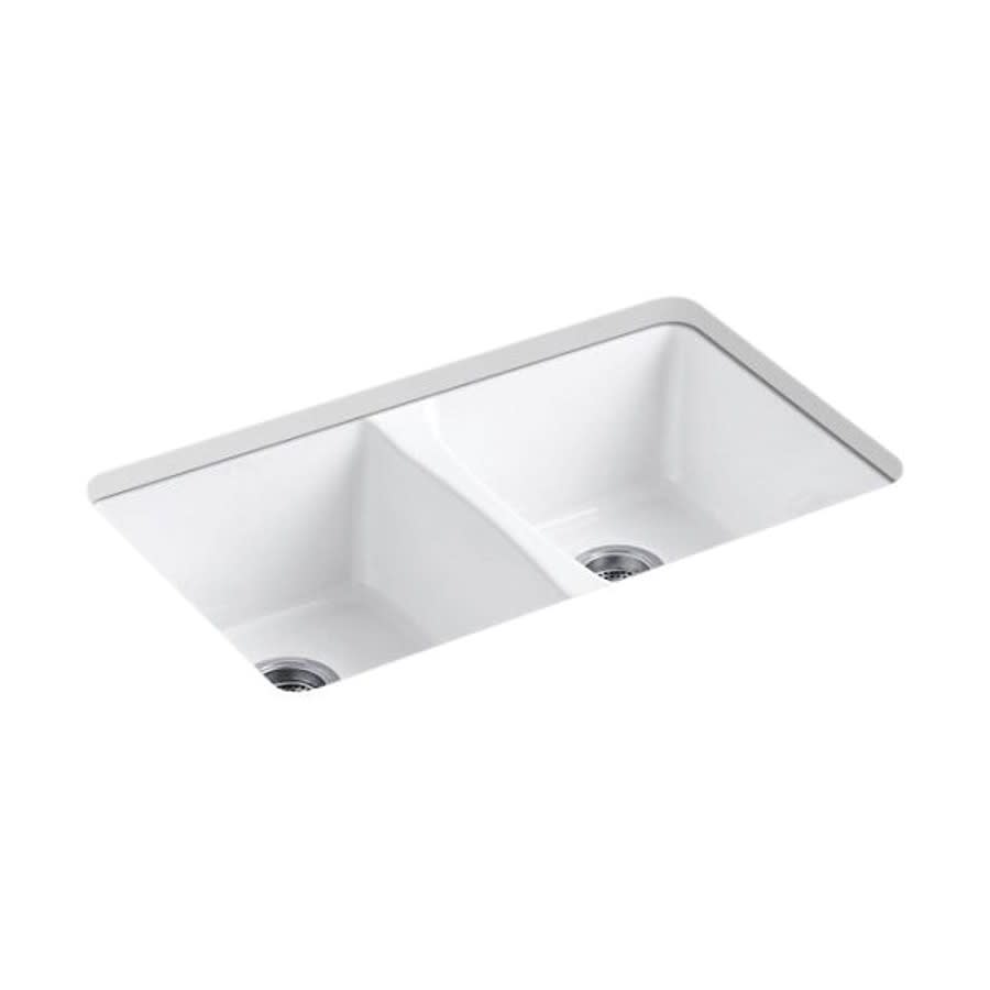 Deerfield® Double Bowl Kitchen Sink, Under Mount, 33 x 22 in, 9 in Bowl Depth, 5-Hole, Cast Iron, White
