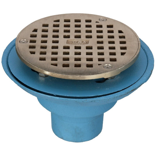 Round Shower Drain, 6-3/8 in OD, 2 in, No-Hub, 5-3/16 in, Nickel Bronze Grid, Cast Iron Drain