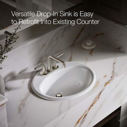 Farmington 19-1/4" Oval Cast Iron Drop In Bathroom Sink with Overflow and 3 Faucet Holes at 4" Centers