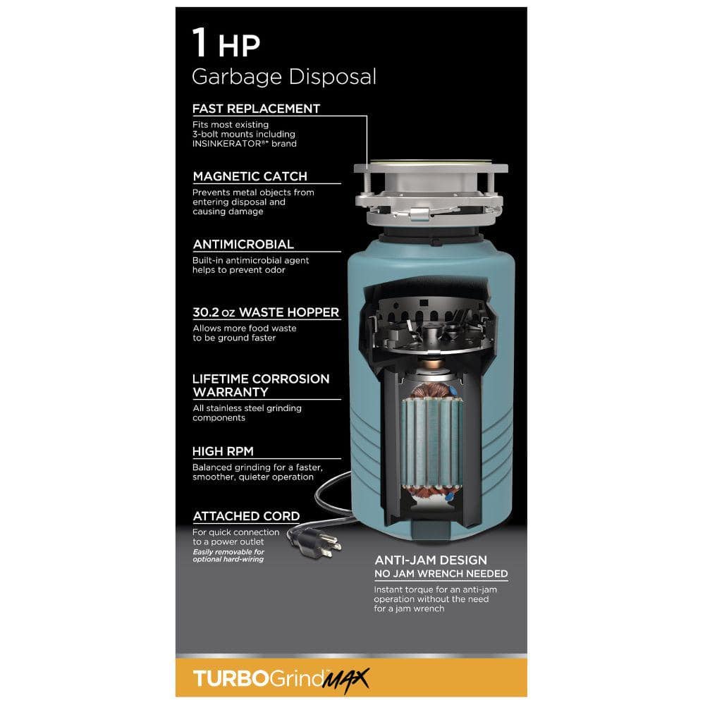 Glacier Bay TurboGrind Max 1 hp. Continuous Feed Garbage Disposal with Power Cord