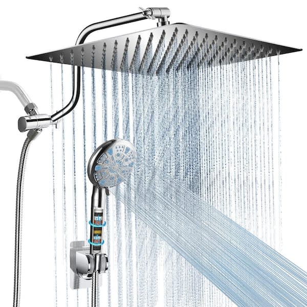 Heemli 9-Spray Rainfull 2-in-1 Patterns Adjustable Fixed Shower Head with Filter 1.8 GPM and Handheld Shower Head in Chrome KFA12C