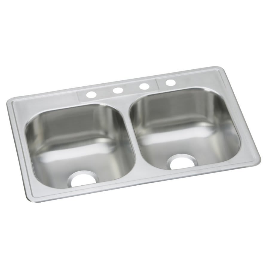 Dayton® Double Bowl Kitchen Sink, Top Mount, 33 x 22 in, 7-7/8 in Bowl Depth, 4-Hole, 20 ga Elite Satin Steel, Stainless