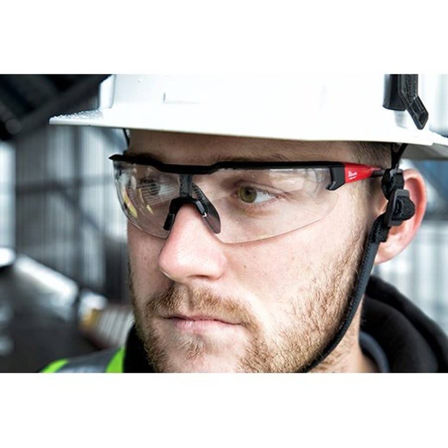 Safety Glasses, Black/Red Frame, Clear Lenses