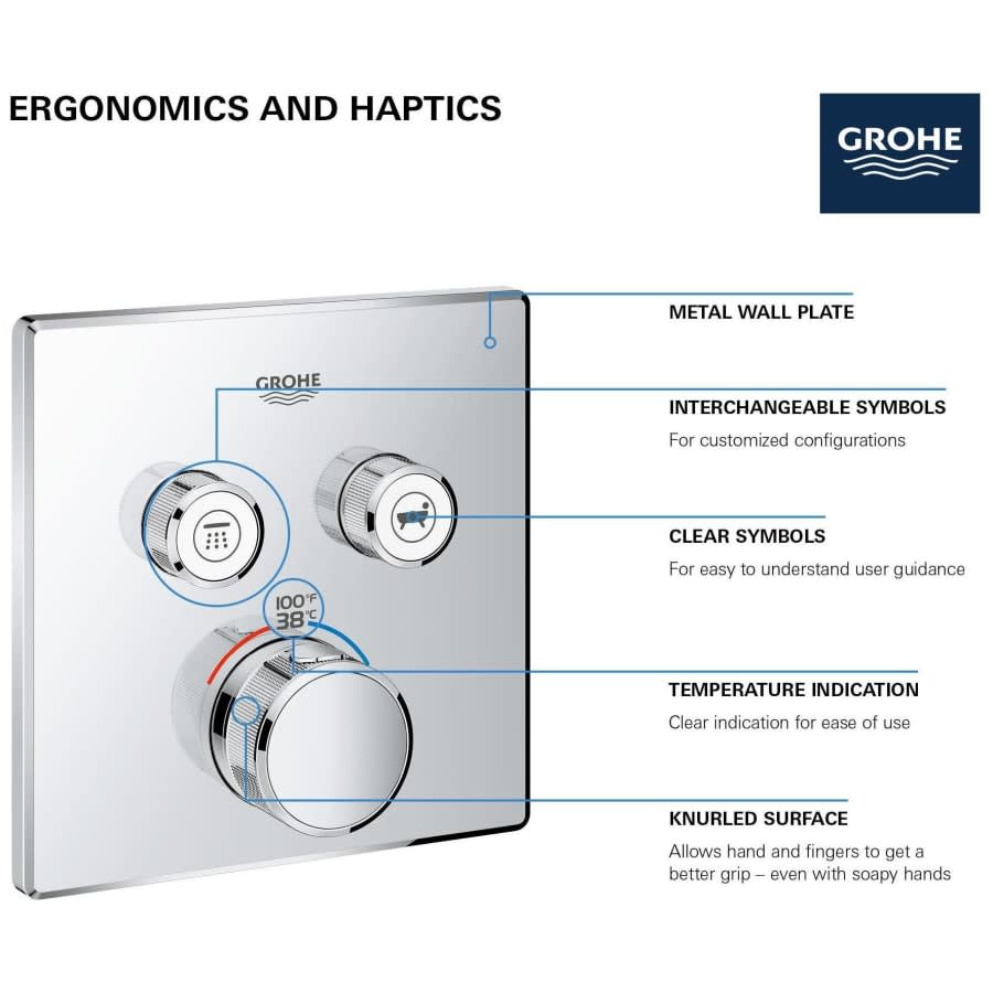 Grohtherm Two Function Thermostatic Valve Trim Only with Triple Knob / Push Button Handles, Integrated Diverter, and Volume Control - Less Rough In