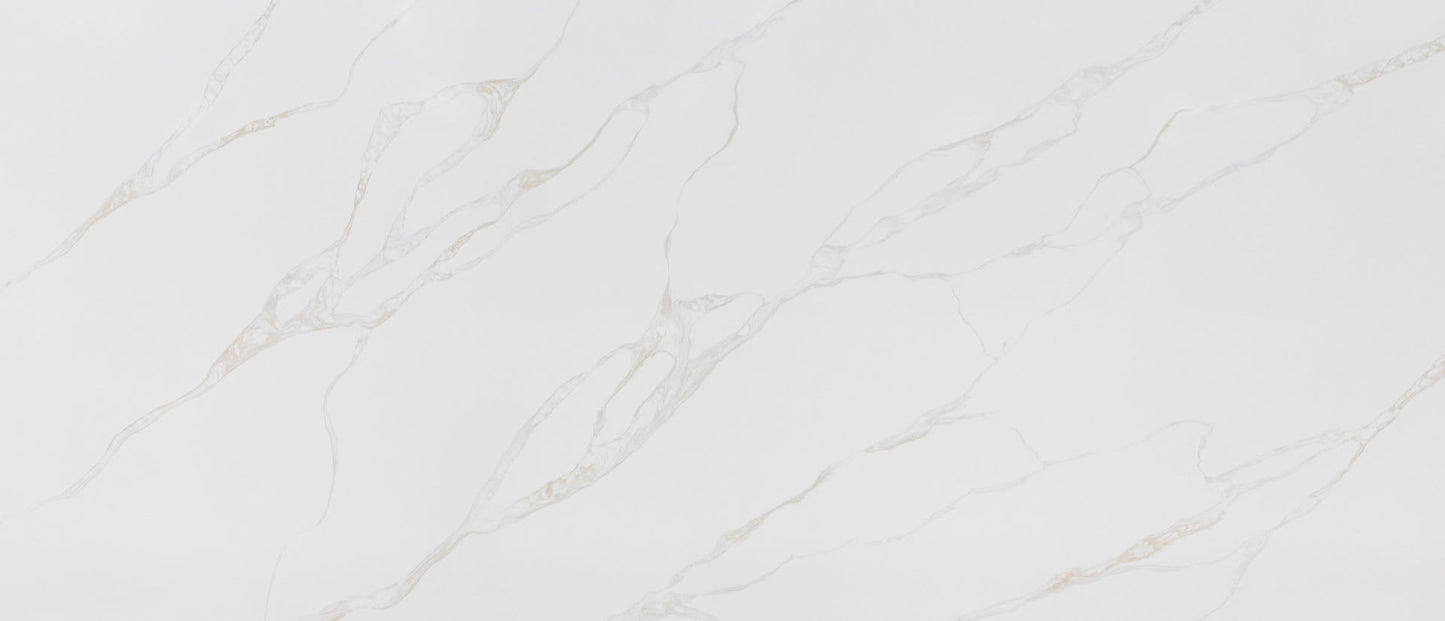 Calacatta Rivessa grey quartz by MSI, light grey background with gentle golden veins