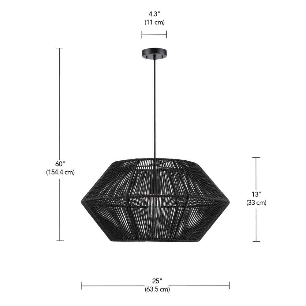 Terra 1-Light Matte Black Chandelier with Natural Twine Shade and Designer Black Cloth Hanging Cord