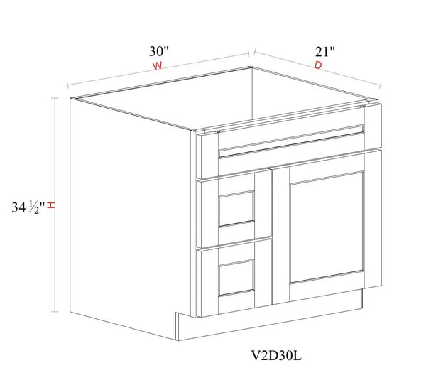 Vanity Sink Base Cabinet with Drawers Left - 30"W x 34- 1/2"H x 21"D