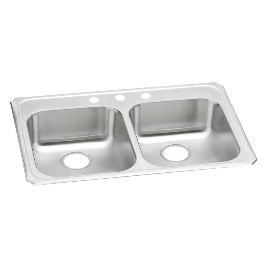Celebrity Double Bowl Kitchen Sink, Top Mount, ADA, 33 x 21-1/4 in, 5-1/4 in Bowl Depth, 3-Hole, 20 ga Brushed Satin Steel, Stainless