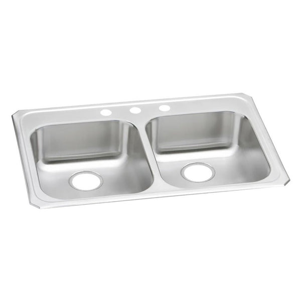 Celebrity Double Bowl Kitchen Sink, Top Mount, ADA, 33 x 21-1/4 in, 5-1/4 in Bowl Depth, 3-Hole, 20 ga Brushed Satin Steel, Stainless