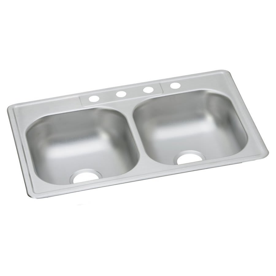 Dayton® Double Bowl Kitchen Sink, Top Mount, ADA, 33 x 22 in, 6-3/8 in Bowl Depth, 4-Hole, 22 ga Satin Steel, Stainless