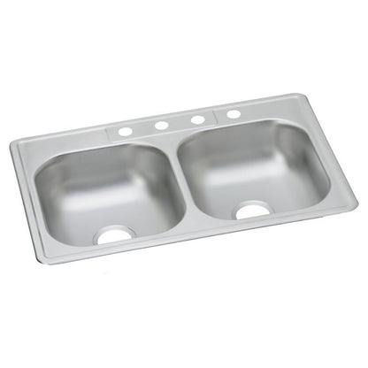 Dayton® Double Bowl Kitchen Sink, Top Mount, ADA, 33 x 22 in, 6-3/8 in Bowl Depth, 4-Hole, 22 ga Satin Steel, Stainless