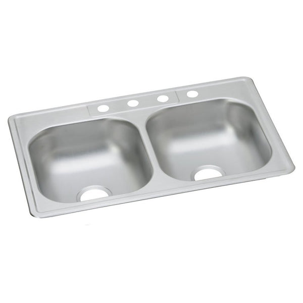 Dayton® Double Bowl Kitchen Sink, Top Mount, ADA, 33 x 22 in, 6-3/8 in Bowl Depth, 4-Hole, 22 ga Satin Steel, Stainless
