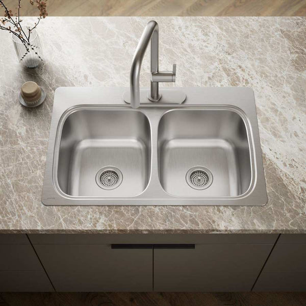 Verse 33" Double Basin Drop In Stainless Steel Kitchen Sink With Three Faucet Holes