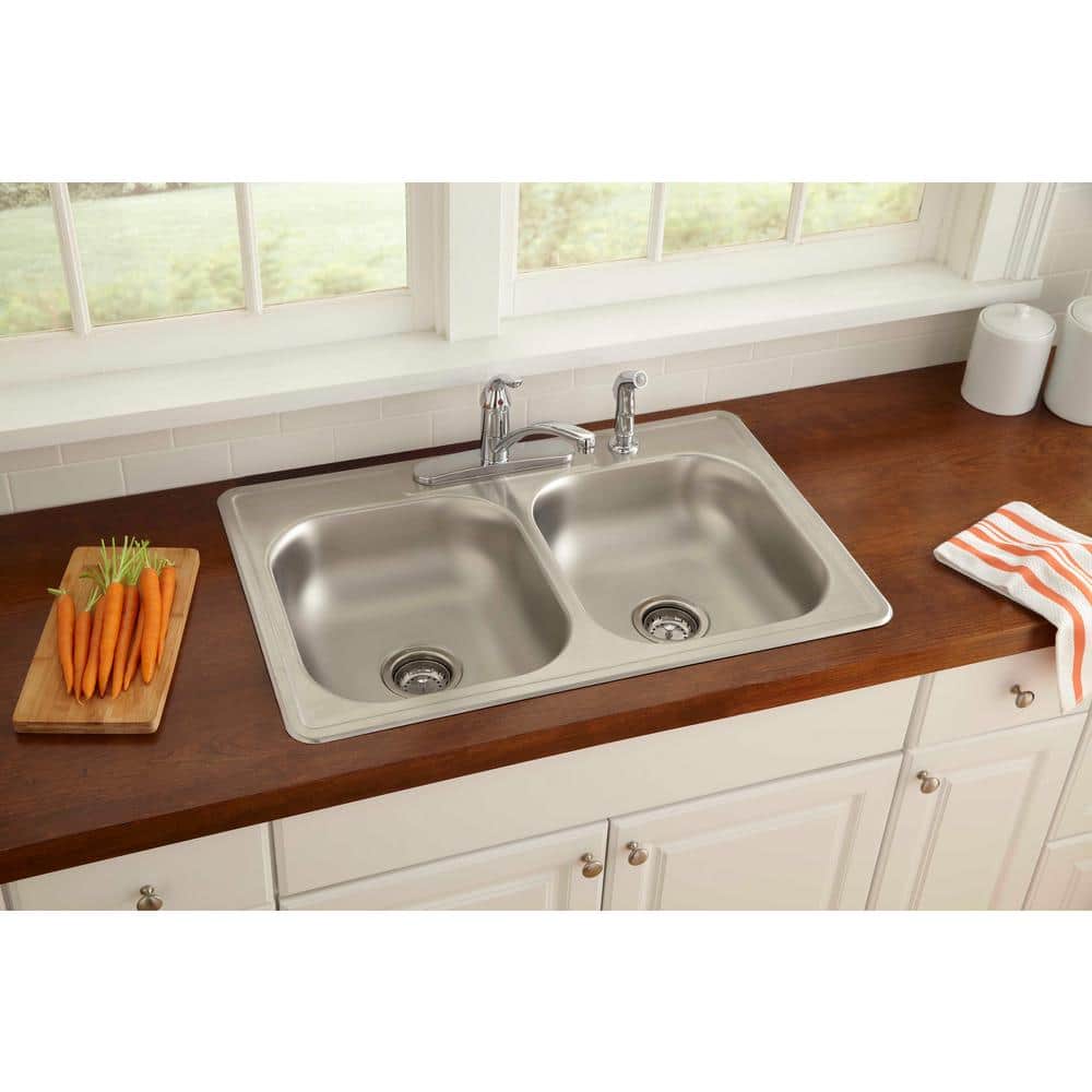 Glacier Bay Drop-In Stainless Steel 33 in. 4-Hole Double Bowl Kitchen Sink