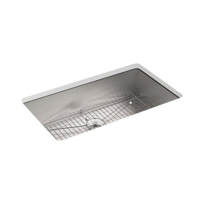 Vault™ Single Bowl Kitchen Sink, Top/Under Mount, 33 x 33 in, 9-5/16 in Bowl Depth, 4-Hole, 18 ga Satin Steel, Stainless