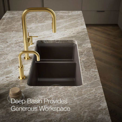 Cairn Slim Divide 33-1/2" Undermount Double Bowl Neoroc Granite Composite Kitchen Sink with Large Bowl Sink Rack