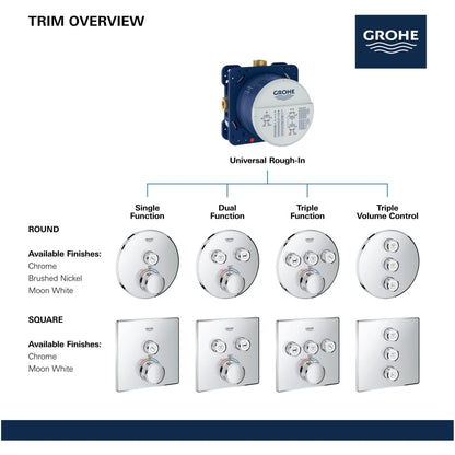 Grohtherm Three Function Thermostatic Valve Trim Only with Four Knob / Push Button Handles, Integrated Diverter, and Volume Control - Less Rough In