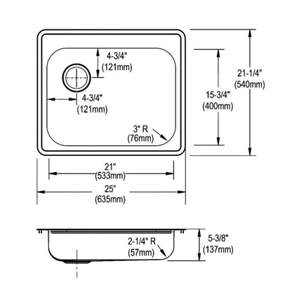 Dayton® Single Bowl Kitchen Sink, Top Mount, ADA, 25 x 21-1/4 in, 5-1/4 in Bowl Depth, 4-Hole, 22 ga Brushed Satin Steel, Stainless
