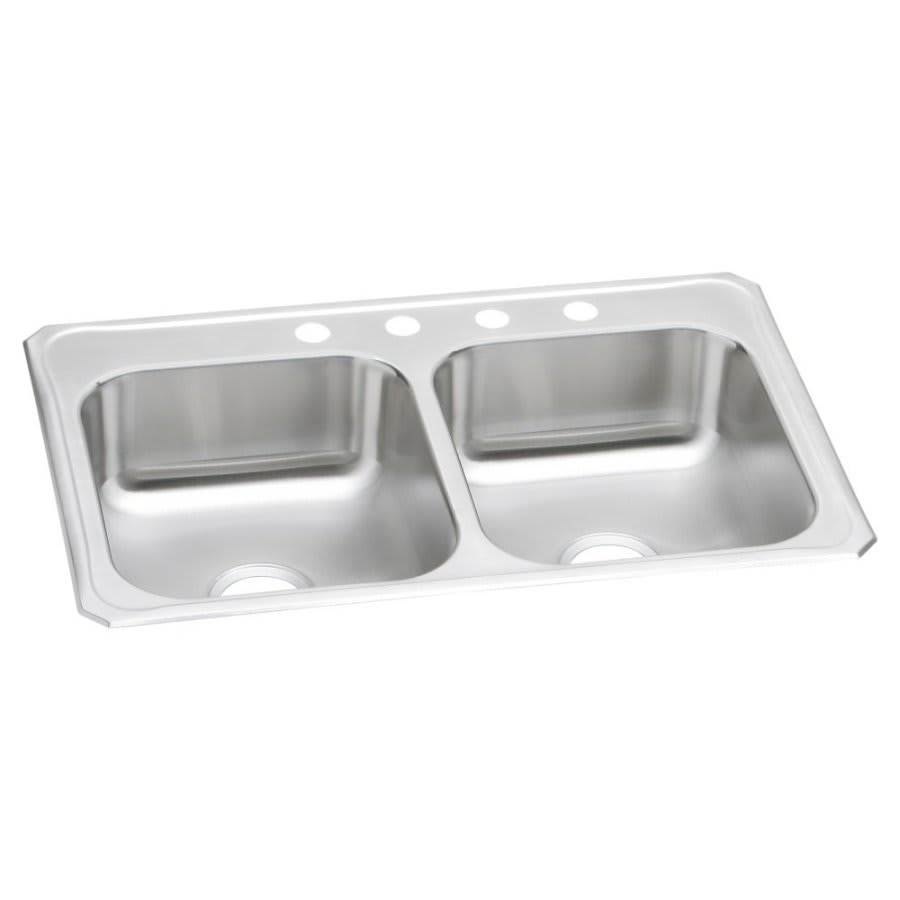 Celebrity Double Bowl Kitchen Sink, Top Mount, 33 x 22 in, 6-3/4 in Bowl Depth, 4-Hole, 20 ga Brushed Satin Steel, Stainless