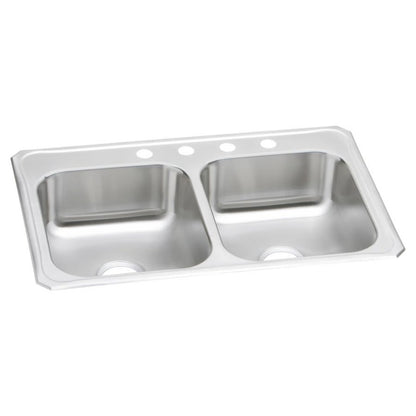 Celebrity Double Bowl Kitchen Sink, Top Mount, 33 x 22 in, 6-3/4 in Bowl Depth, 4-Hole, 20 ga Brushed Satin Steel, Stainless