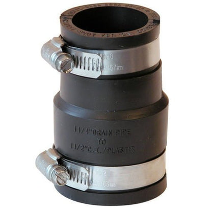 Transition Coupling, 1-1/2 x 1-1/4 in, Cast Iron/Plastic x Cast Iron/Plastic, Flexible PVC