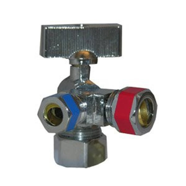 Quarter Turn Dual Stop, 5/8 x 1/2 x 3/8 in, Comp, Chrome