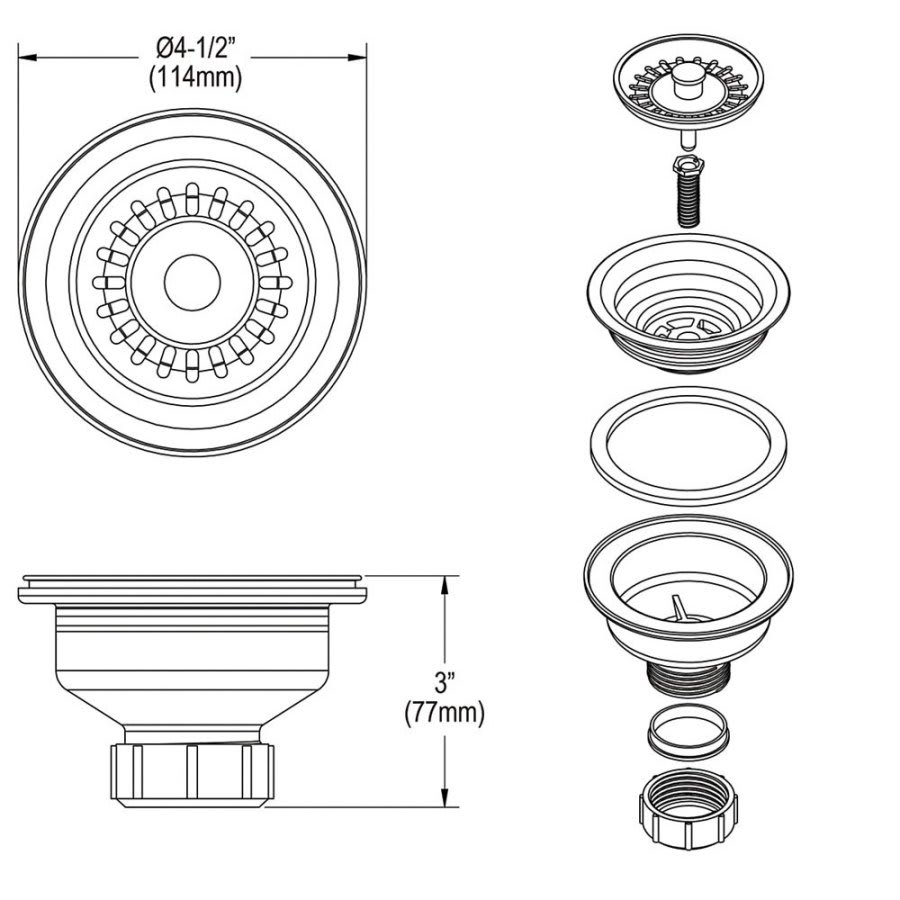 Drain Fitting With Removable Basket Strainer and Rubber Stopper, Caviar