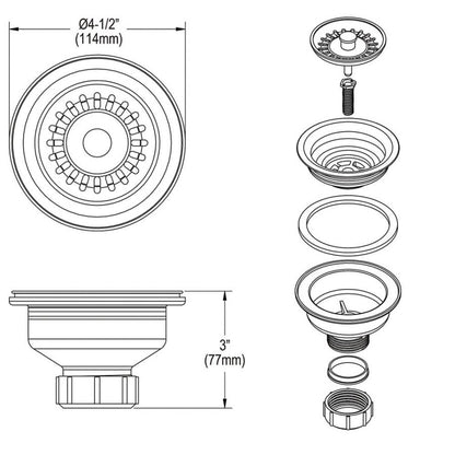Drain Fitting With Removable Basket Strainer and Rubber Stopper, Caviar