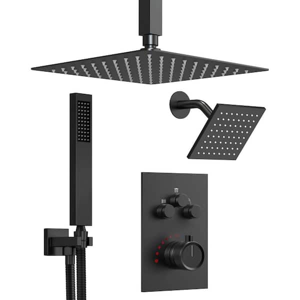 GRANDJOY Multiple Press 7-Spray Ceiling Mount Anti Scald 12 in. Fixed and Handheld Shower Head in Matte Black Valve Included SRSFS1007-BK12