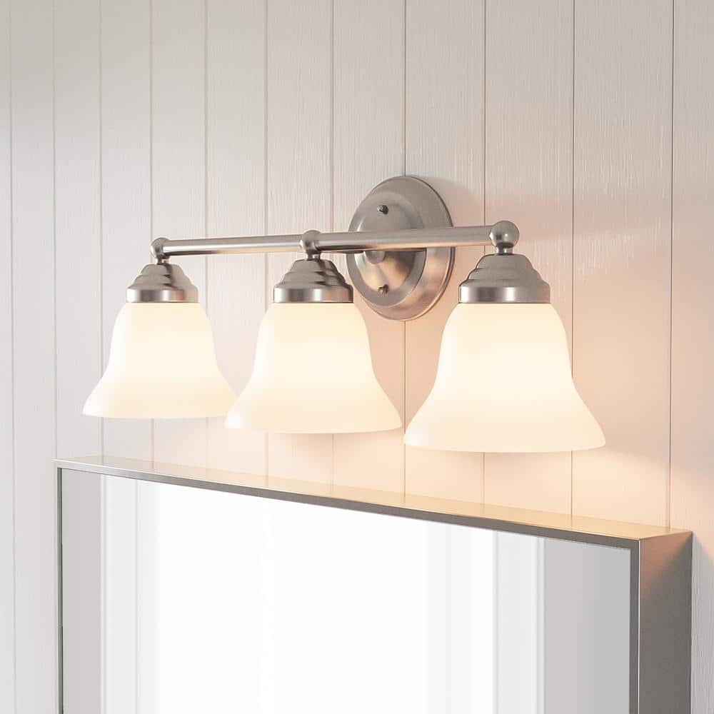 Hampton Bay Ashhurst 3-Light Brushed Nickel Classic Traditional Bathroom Vanity Light with Frosted Glass Shades