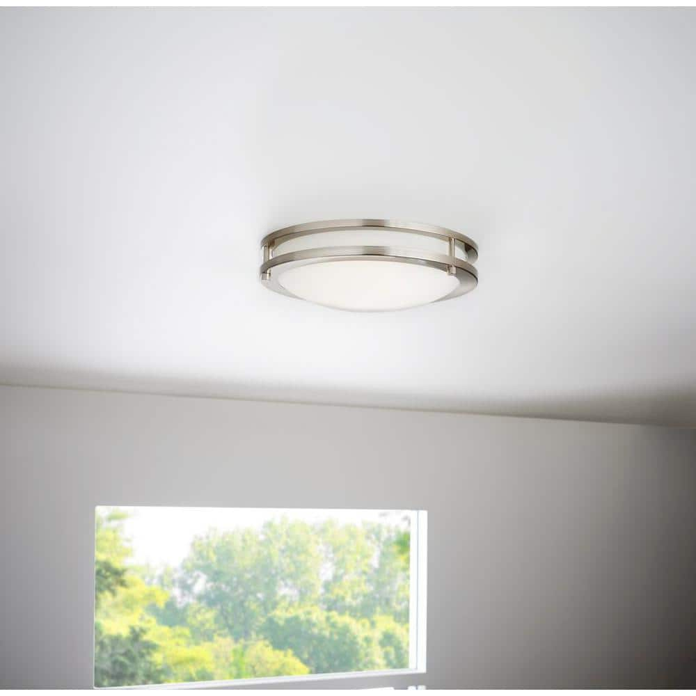 Hampton Bay Flaxmere 12 in. Brushed Nickel Dimmable LED Integrated Flush Mount with Frosted White Glass Shade